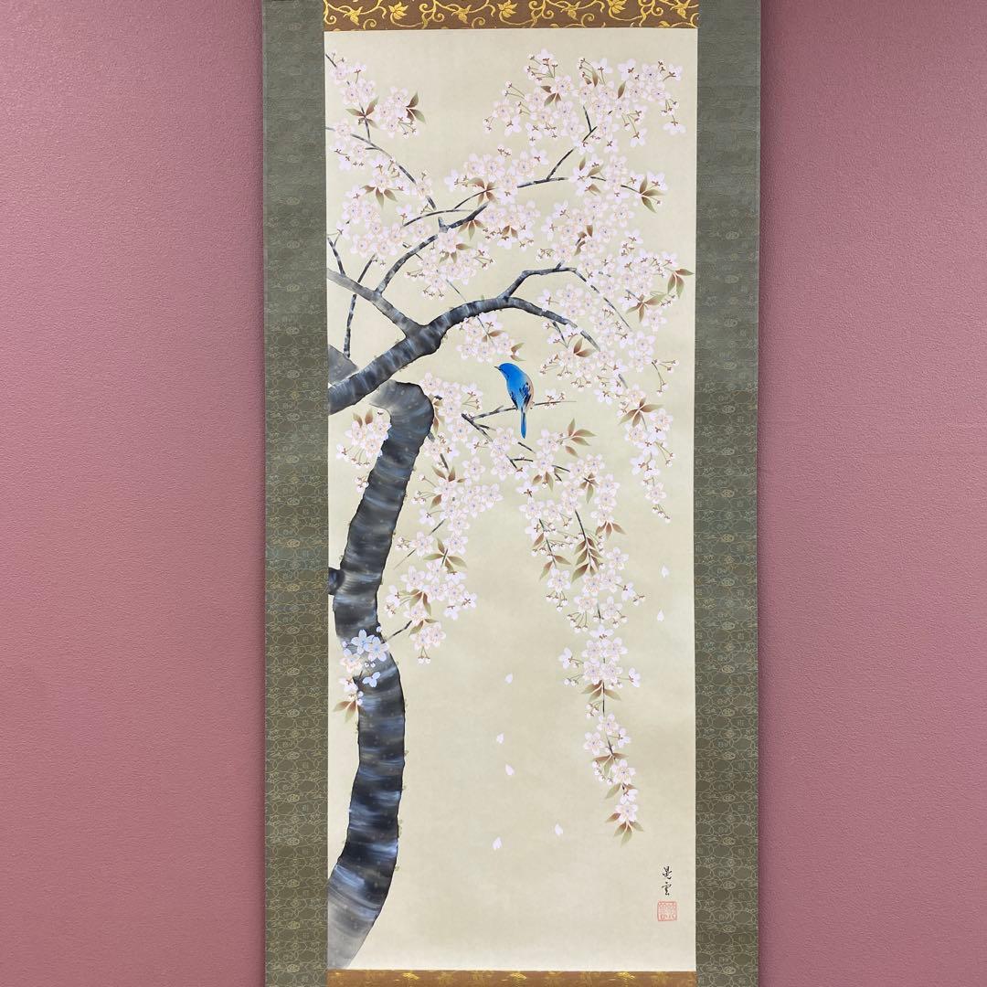 美品 掛け軸 山本晃雲作 枝垂れ桜図 共箱 花鳥 縁起物