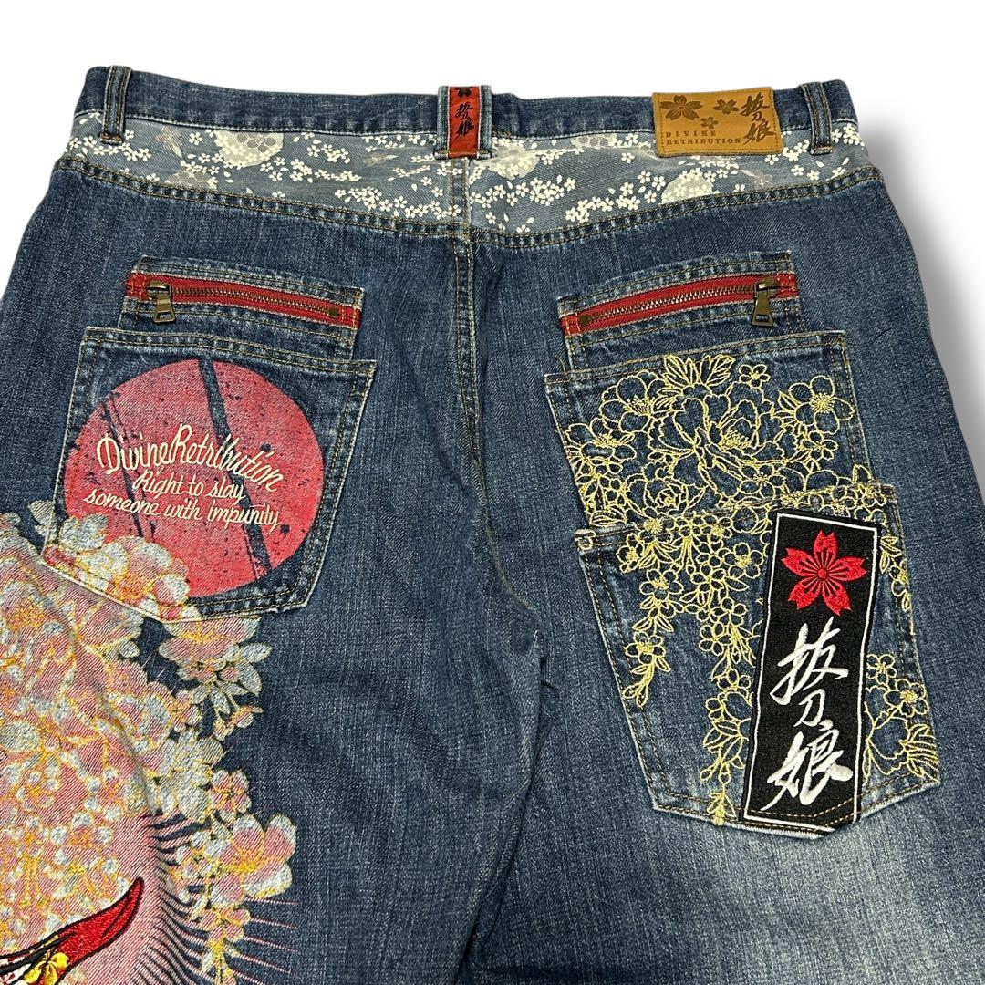 ☆人気☆【絡繰魂】抜刀娘 メンズ 和柄 刺繍デニムパンツ 38 y2k