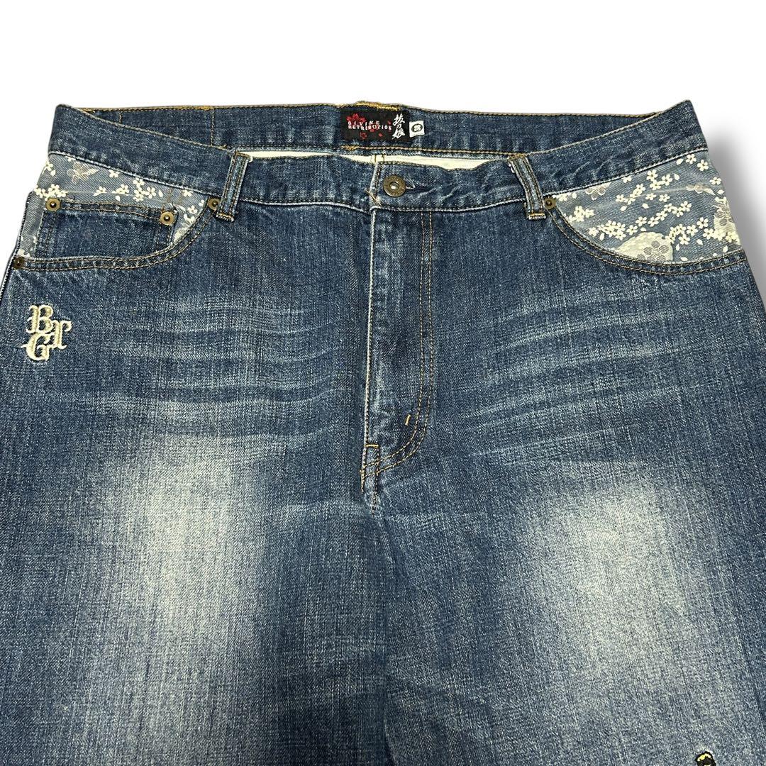 ☆人気☆【絡繰魂】抜刀娘 メンズ 和柄 刺繍デニムパンツ 38 y2k
