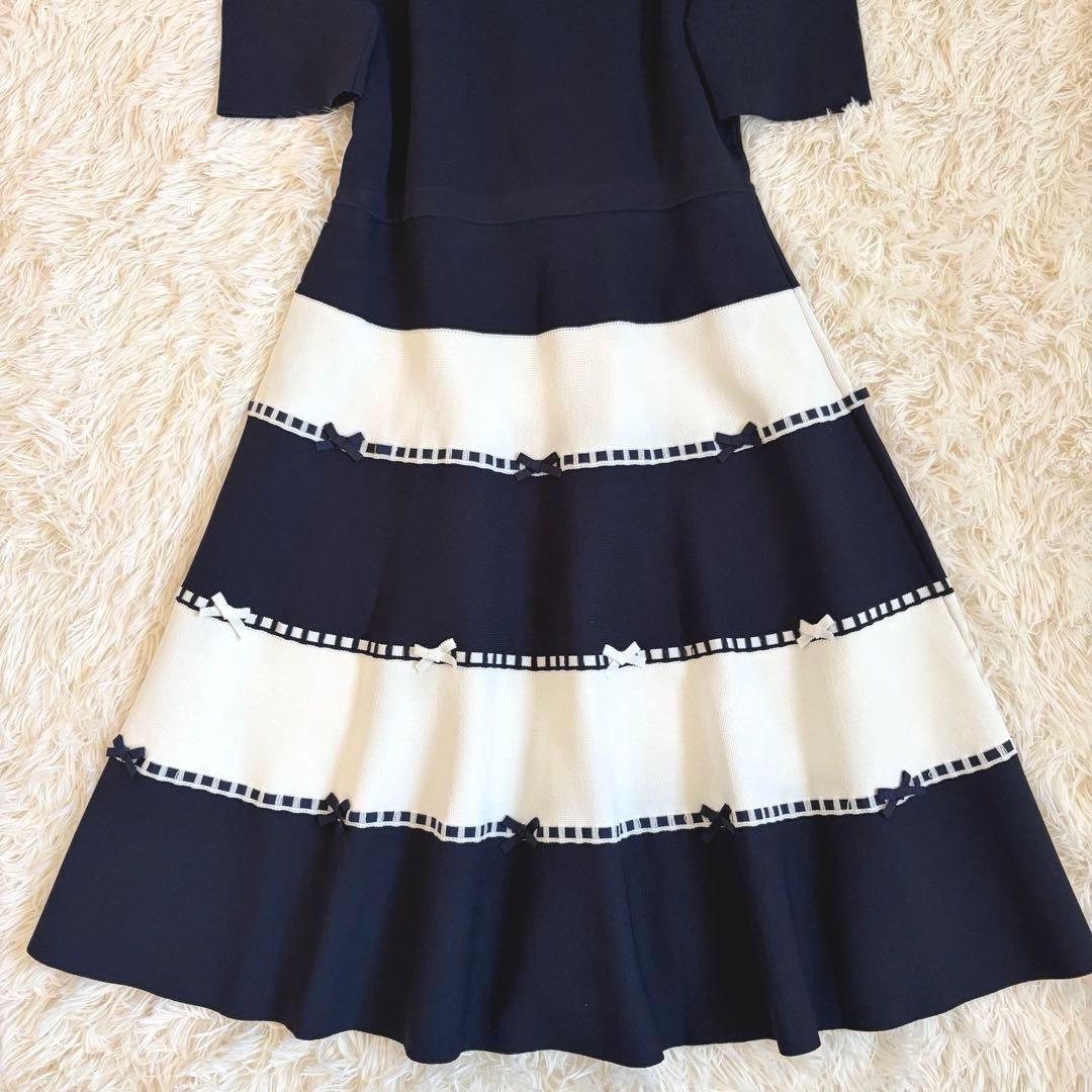 美品✨️エムズグレイシー ロングワンピース ニット フレア リボン ボーダー 40