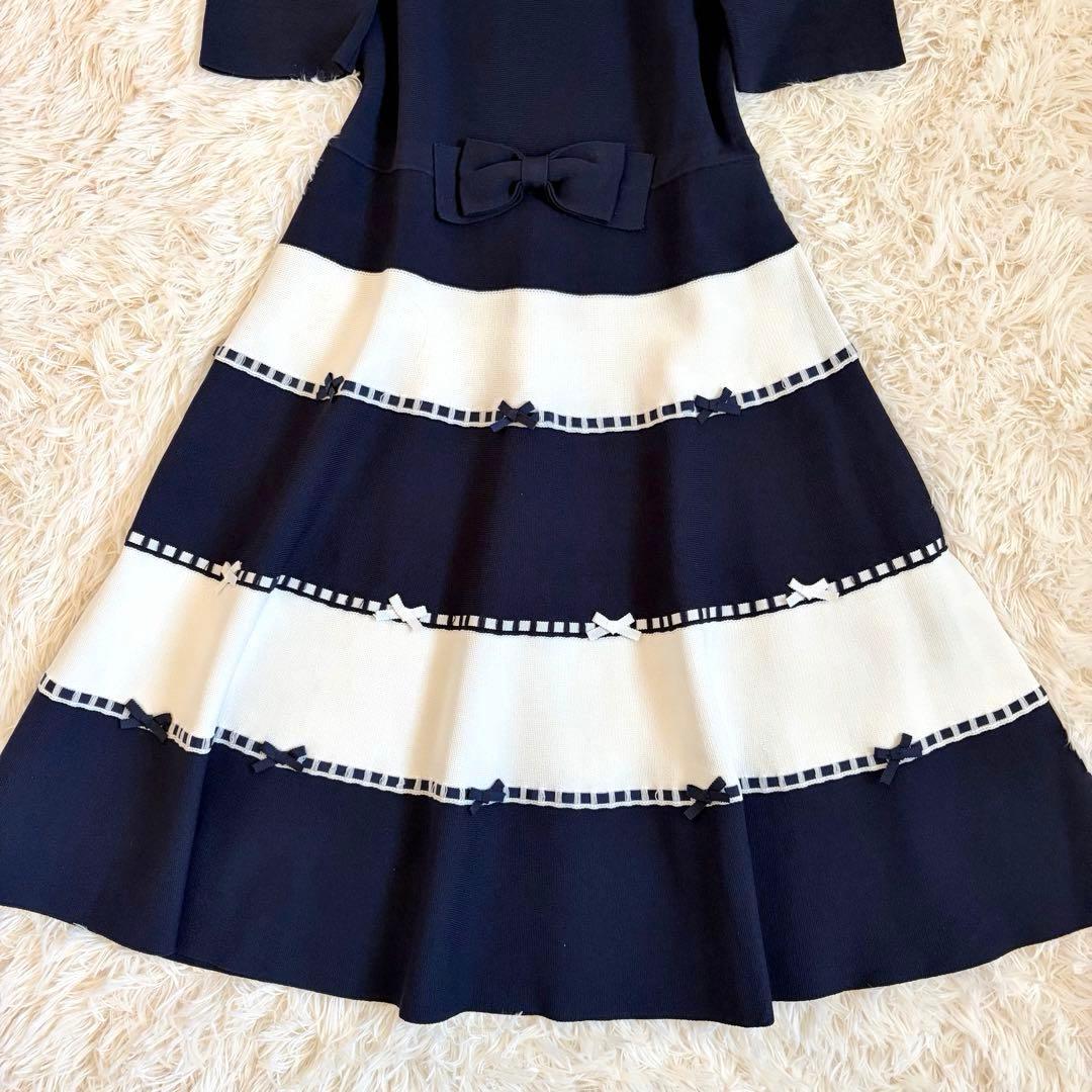 美品✨️エムズグレイシー ロングワンピース ニット フレア リボン ボーダー 40
