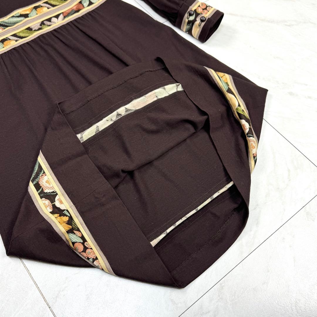 美品 レオナール ロングワンピース トリム 花柄 フラワープリント ブラウン M