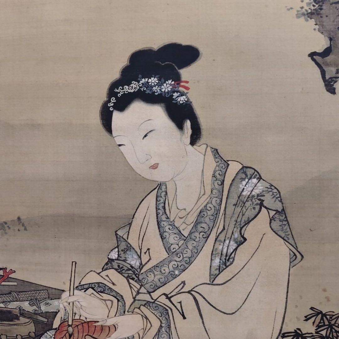 唐寅 仕女図 掛軸 絹本 中堂 インテリア 和室 186×70cm