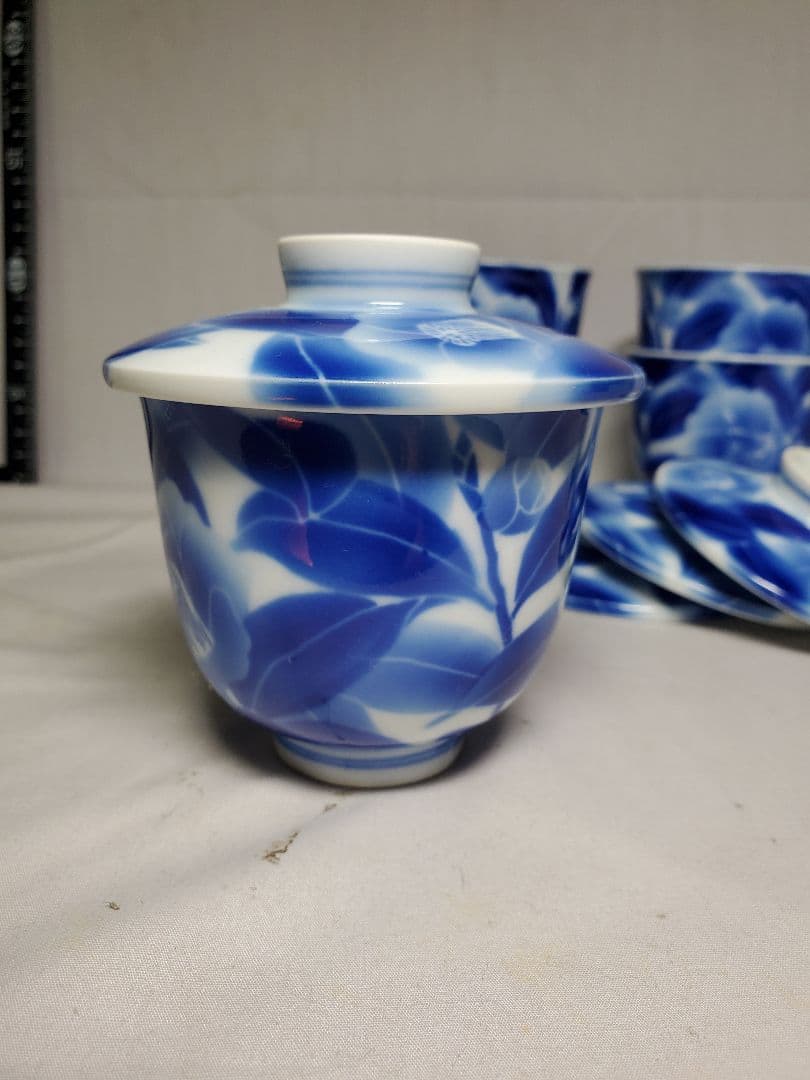 保管品　レトロ　深川製　むし茶わん　染付椿の図　5客