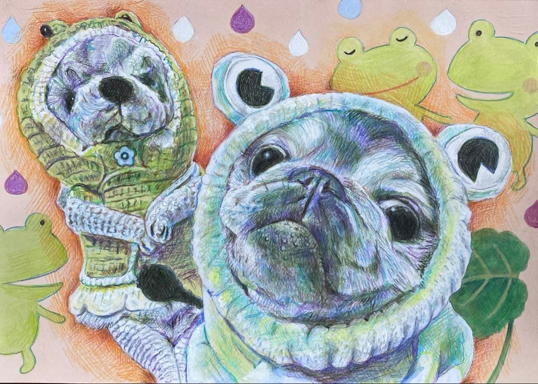 りんねです。色鉛筆画　パグ　犬の絵