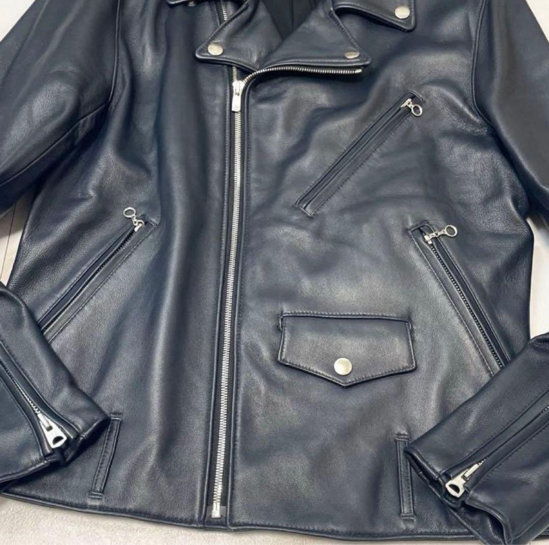 美品ジャックローズ ダブル ライダースジャケット ダークネイビー 羊革レザー