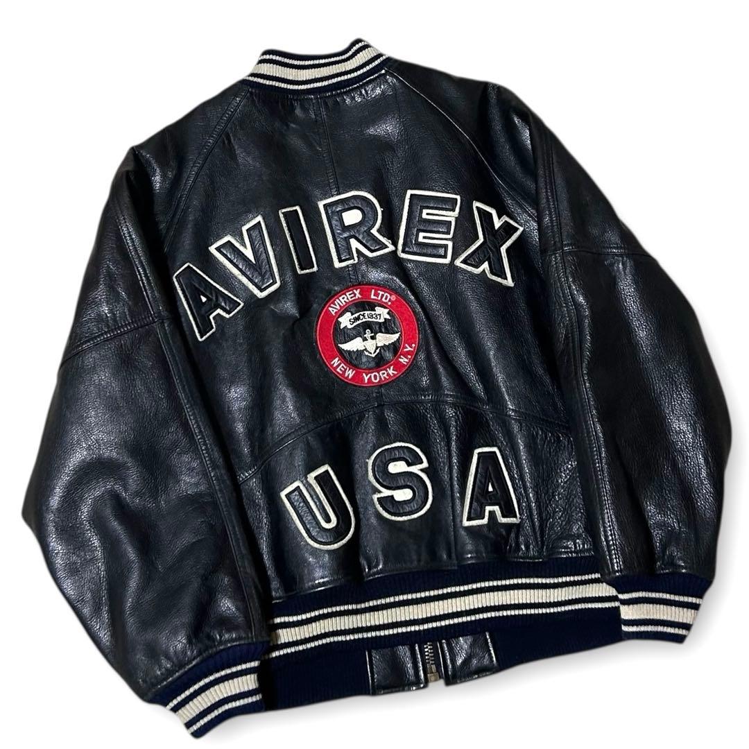 美品 AVIREX 刺繍 アーチロゴ オールレザー スタジャン S 短丈