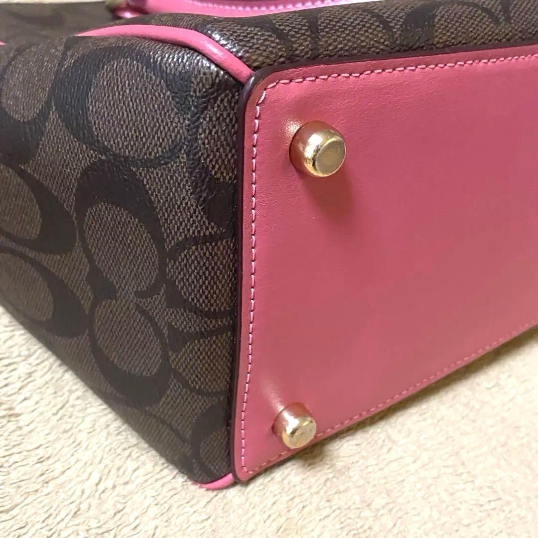 【美品】COACH レザーハンドバッグ ダークブラウン/ピンク