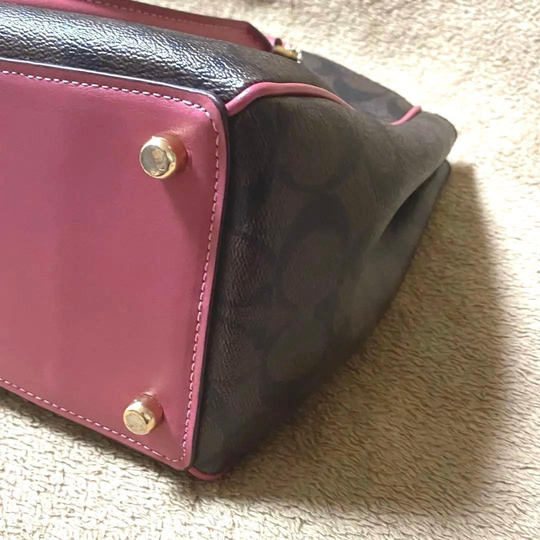 【美品】COACH レザーハンドバッグ ダークブラウン/ピンク