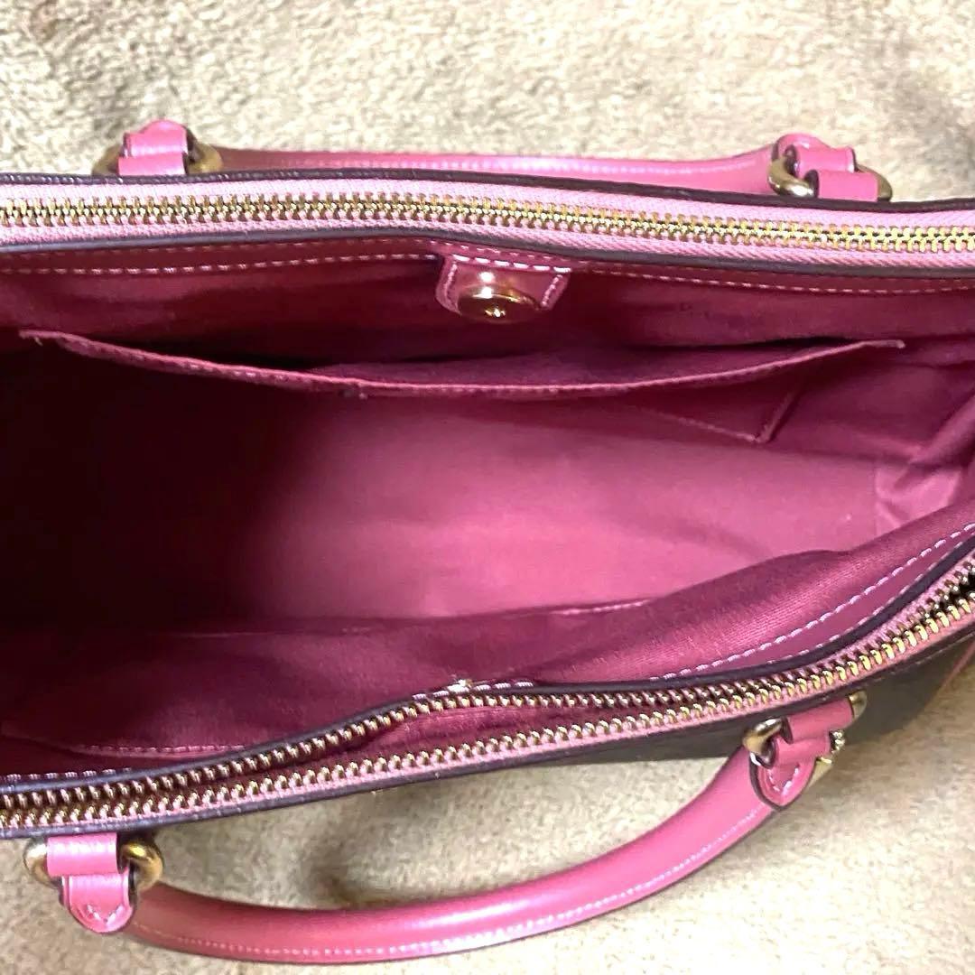 【美品】COACH レザーハンドバッグ ダークブラウン/ピンク