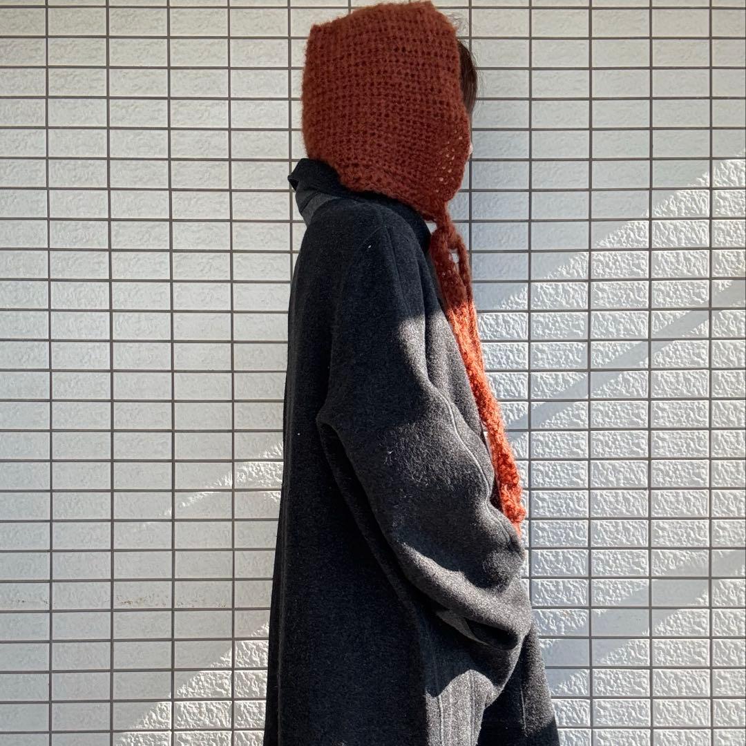 ハンドメイド　mohair ボンネット　ニット帽子　バラクラバ　フード　赤茶色