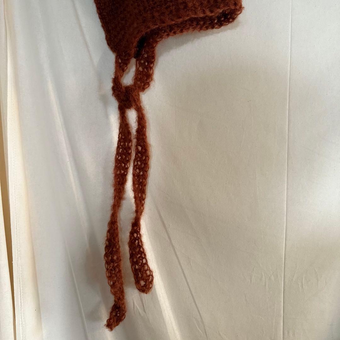 ハンドメイド　mohair ボンネット　ニット帽子　バラクラバ　フード　赤茶色