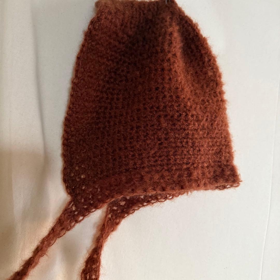 ハンドメイド　mohair ボンネット　ニット帽子　バラクラバ　フード　赤茶色