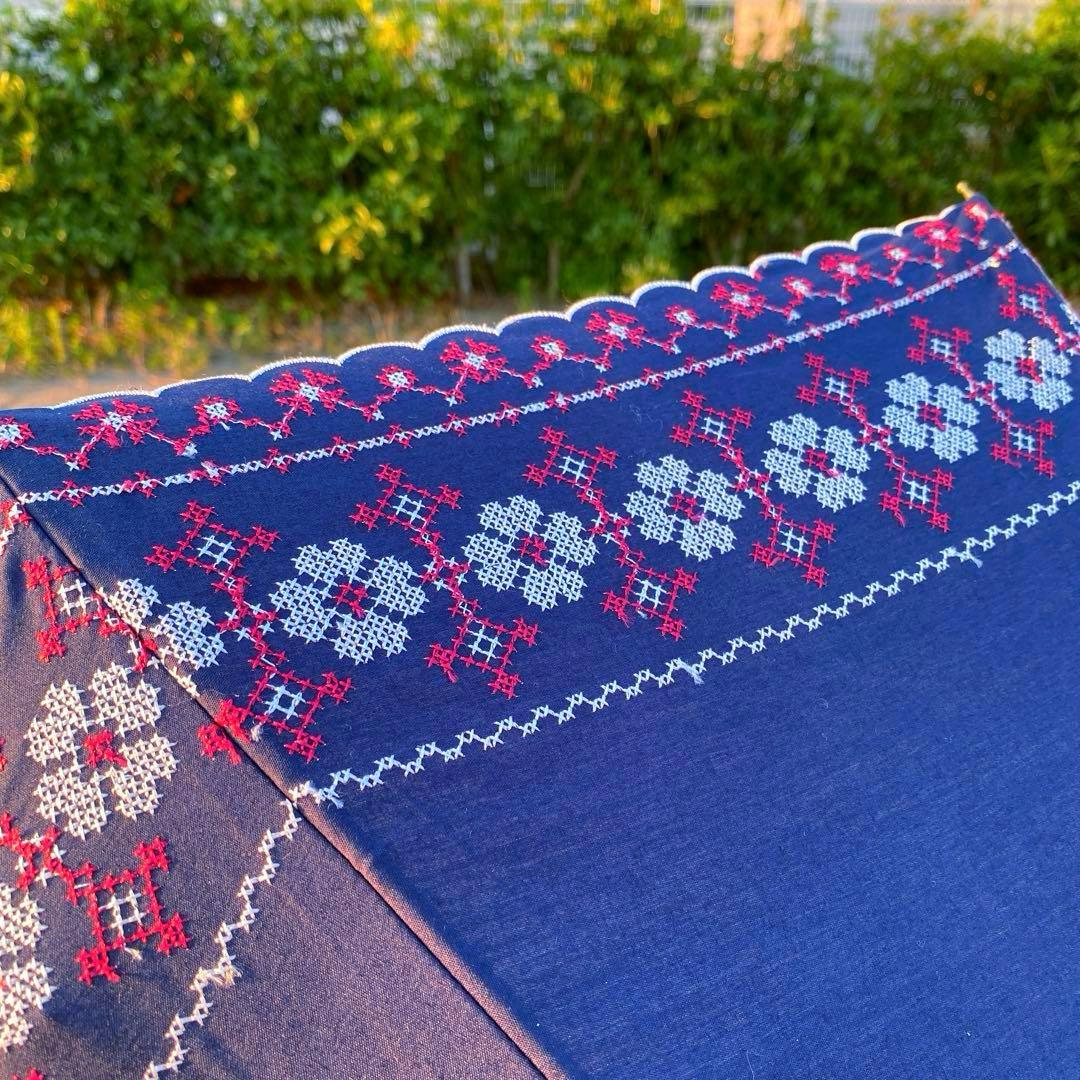 昭和レトロ 大正ロマン上品花柄刺繍 ネイビー紺レディース日傘UV90%新品フリル