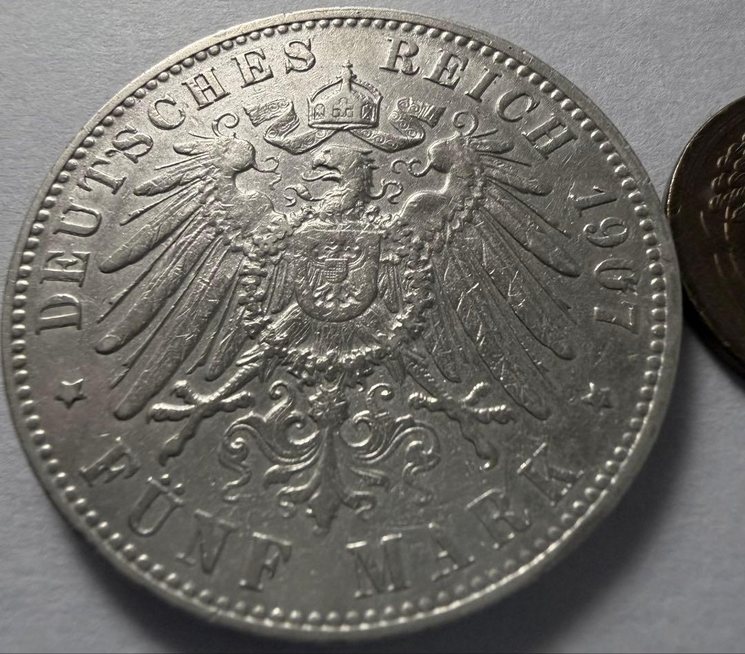 招*@様 1907年ドイツ　ハンブルク王国 5マルク銀貨