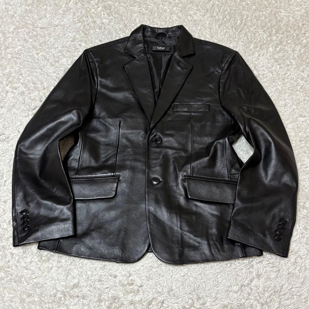 極美品　Safari レザーテーラードジャケット　ラム革　シープスキン　黒　L