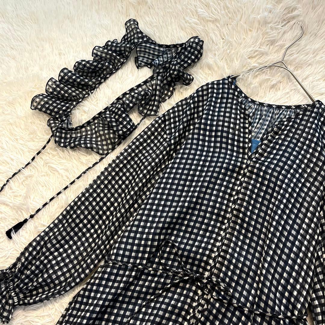 ビームスボーイ ボーイチェックプリント シフォンワンピース 黒 2way