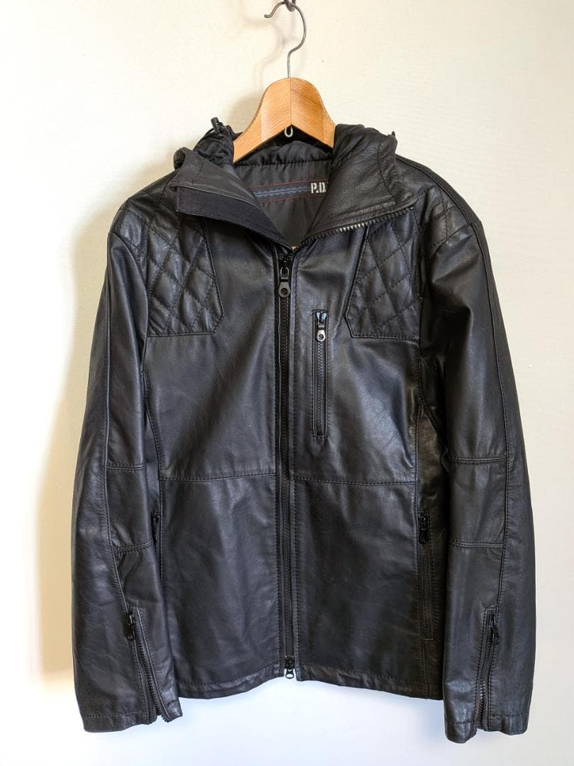 P.D.W. AVIREX アヴィレックス フード付きレザーライダース 牛革 L