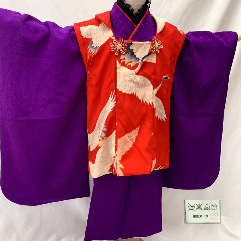 603ag14□七五三 三歳 女児 着物&アンティーク被布 色無地□美品