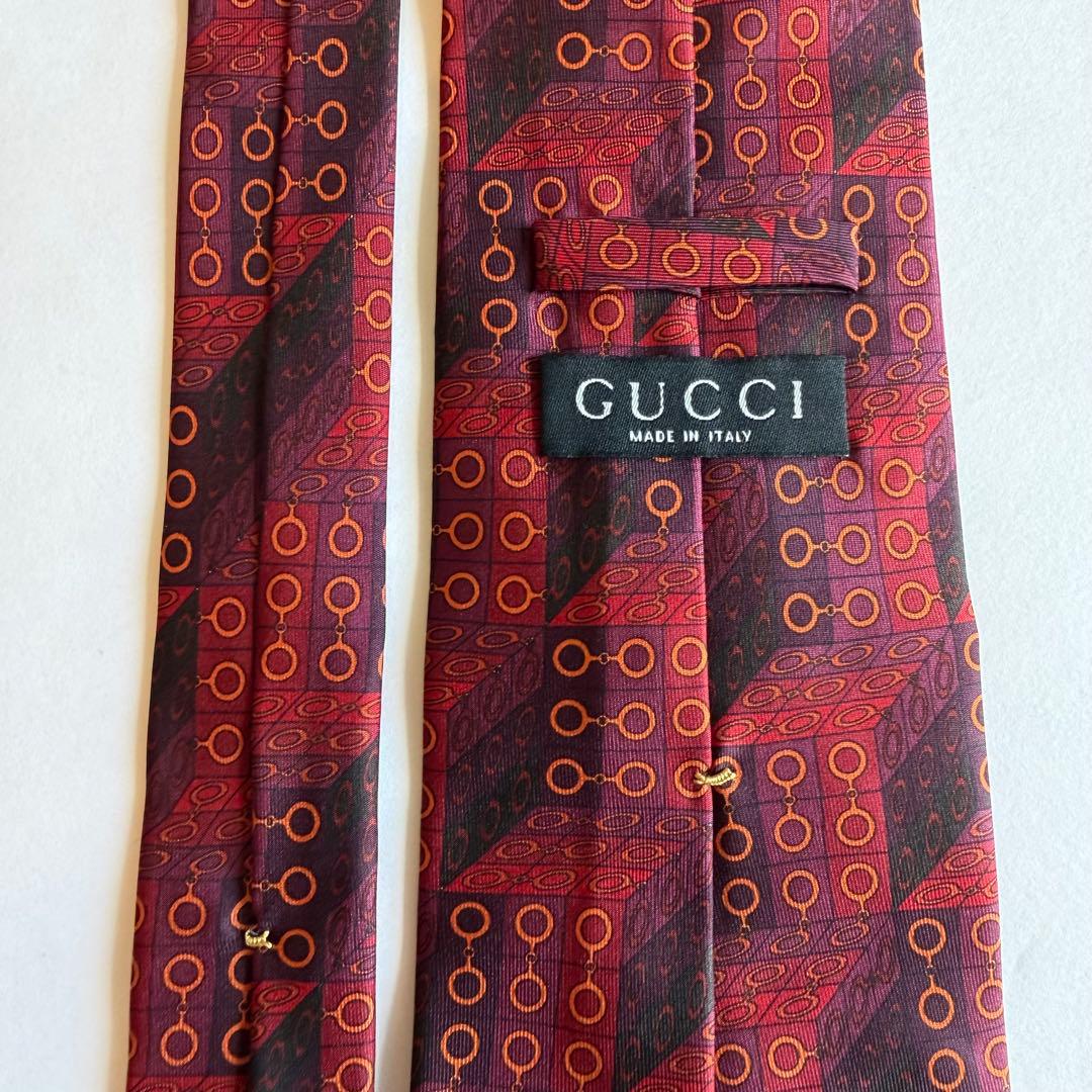 GUCCI グッチ　ボルドー　ブラウン系　サイコロ柄幾何学模様 ゴールドネクタイ