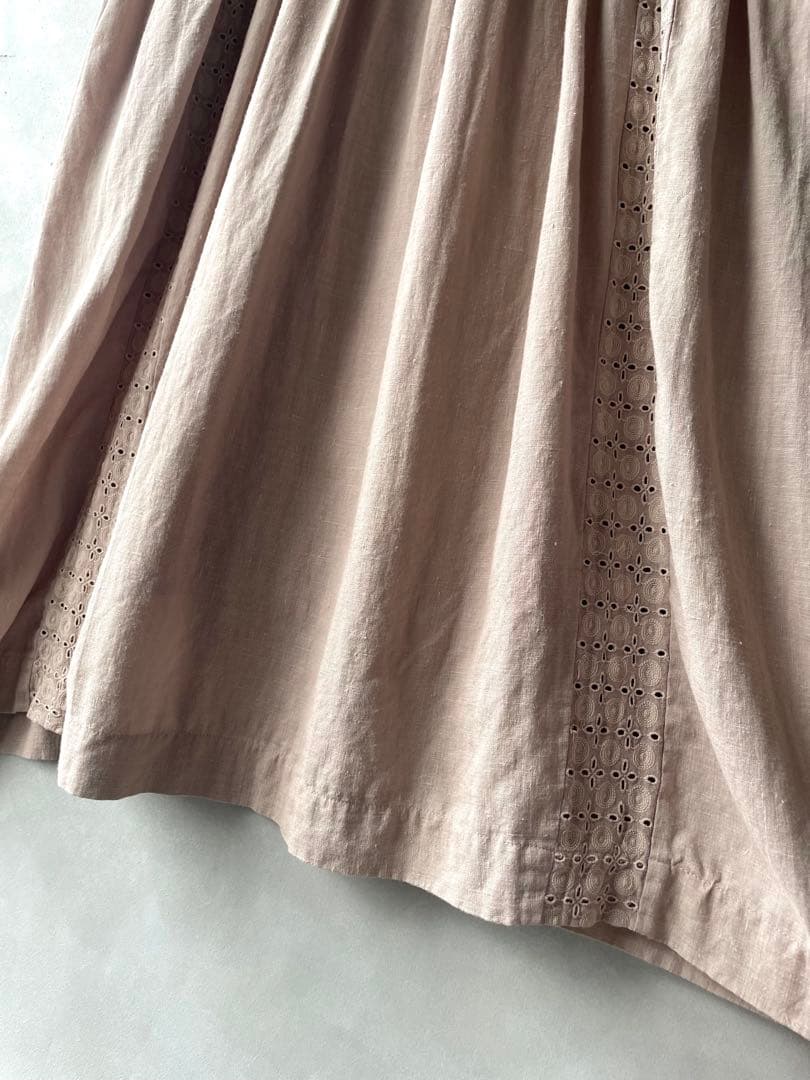 美品✨TSUHARU　リネン100% 刺繍　ロングワンピース　ピンクベージュ