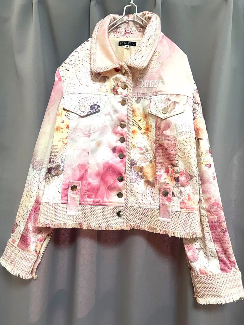 BOHO CHIC 異素材サテンツイード花柄ジャケット ゆったり ロマンティック