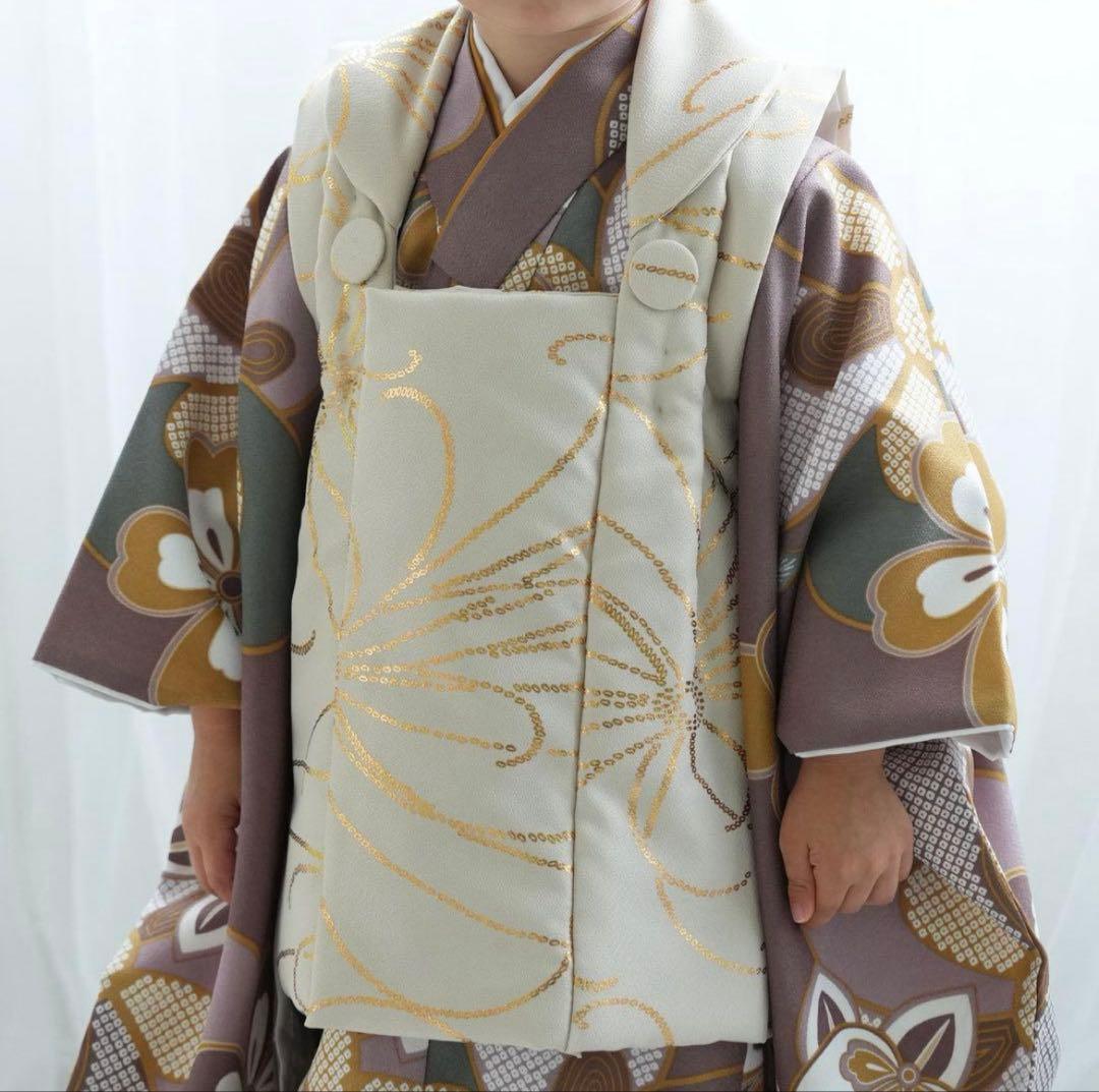 ひよこ商店 utatane 七五三 3歳 男 被布 ベージュ金彩×モーブねじり梅
