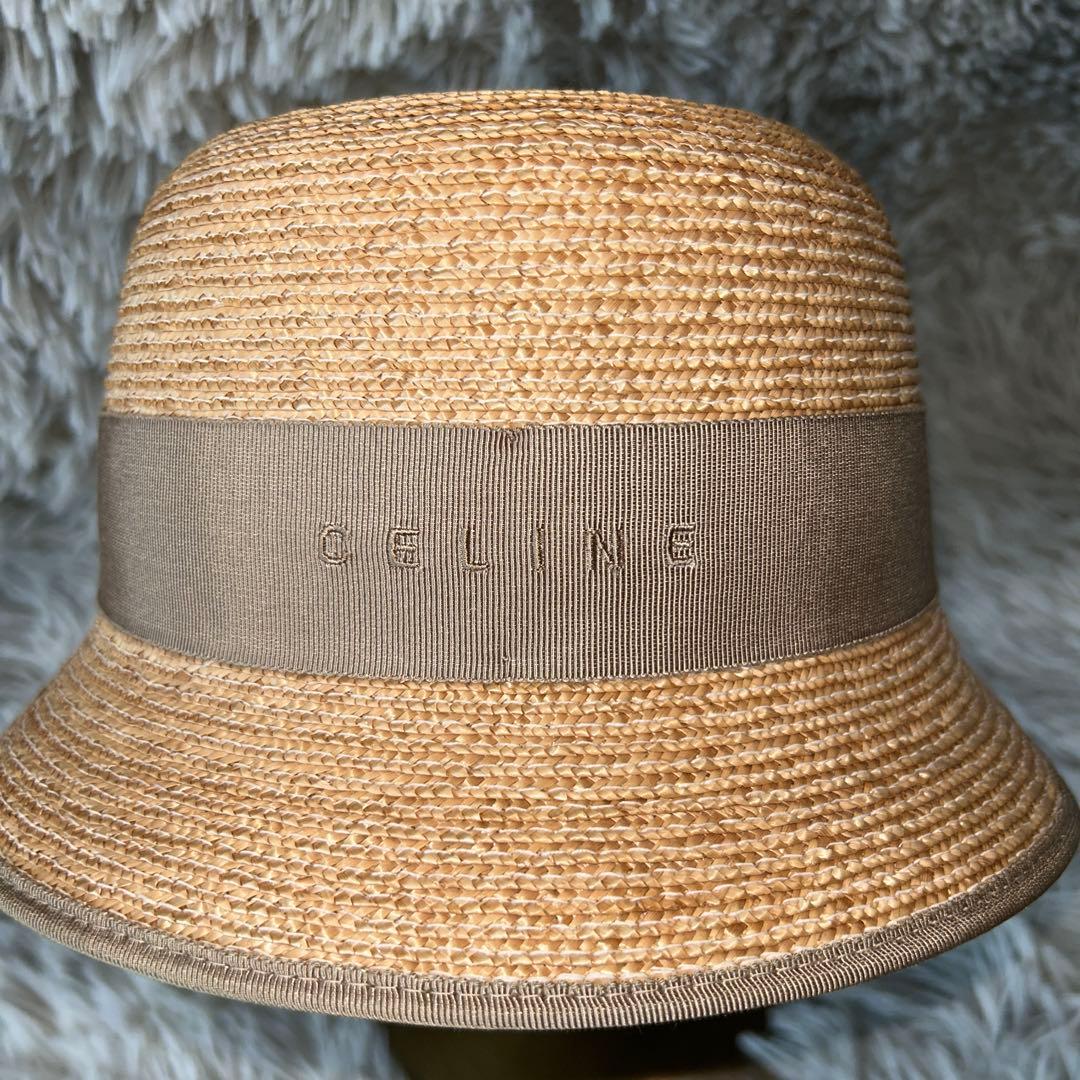 【美品】CELINE ストローハット バケット ロゴリボン 麦わら帽子 Mサイズ