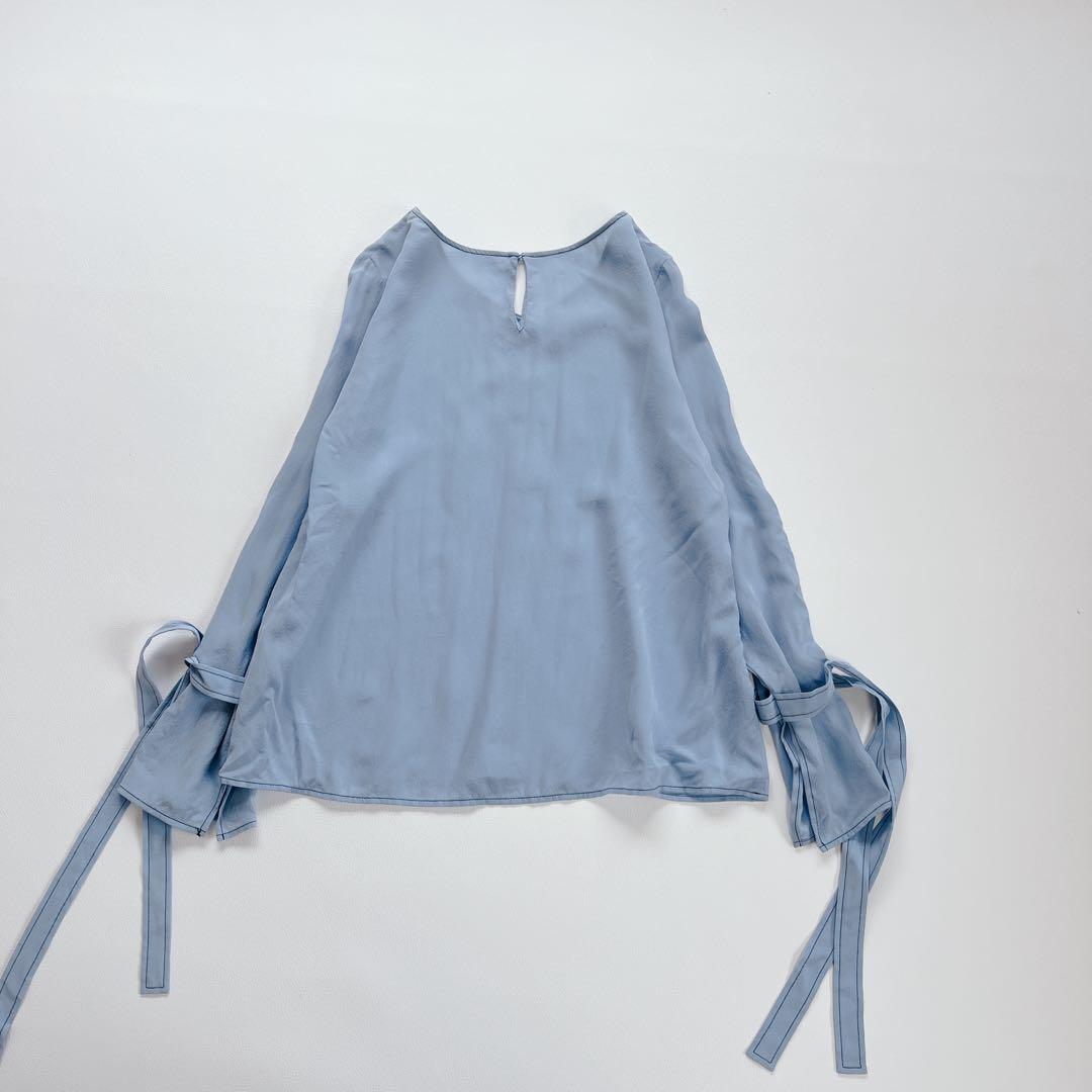 美品✨アナイ シルク100% Vネックブラウス 38 ブルー 袖リボン 洗える