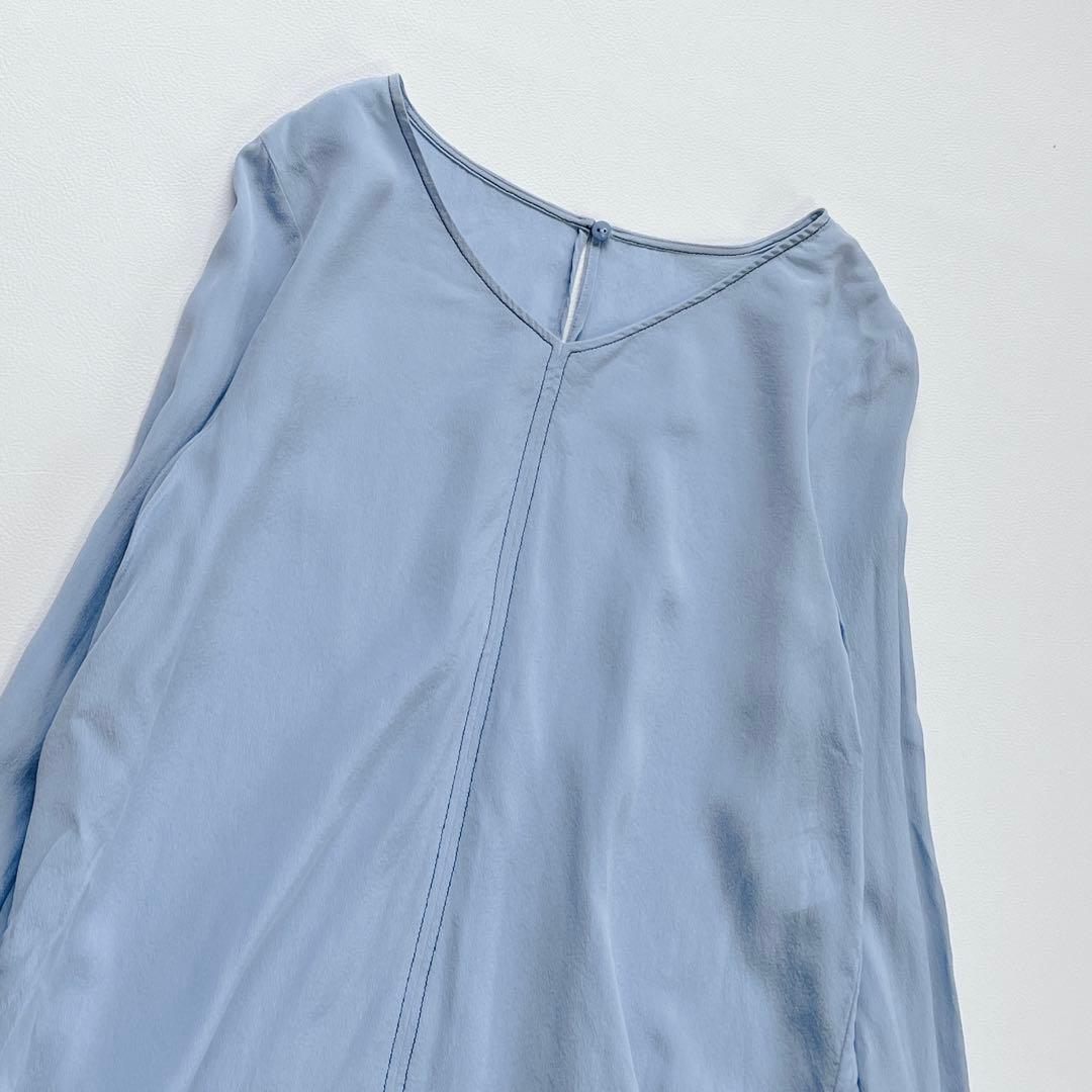美品✨アナイ シルク100% Vネックブラウス 38 ブルー 袖リボン 洗える