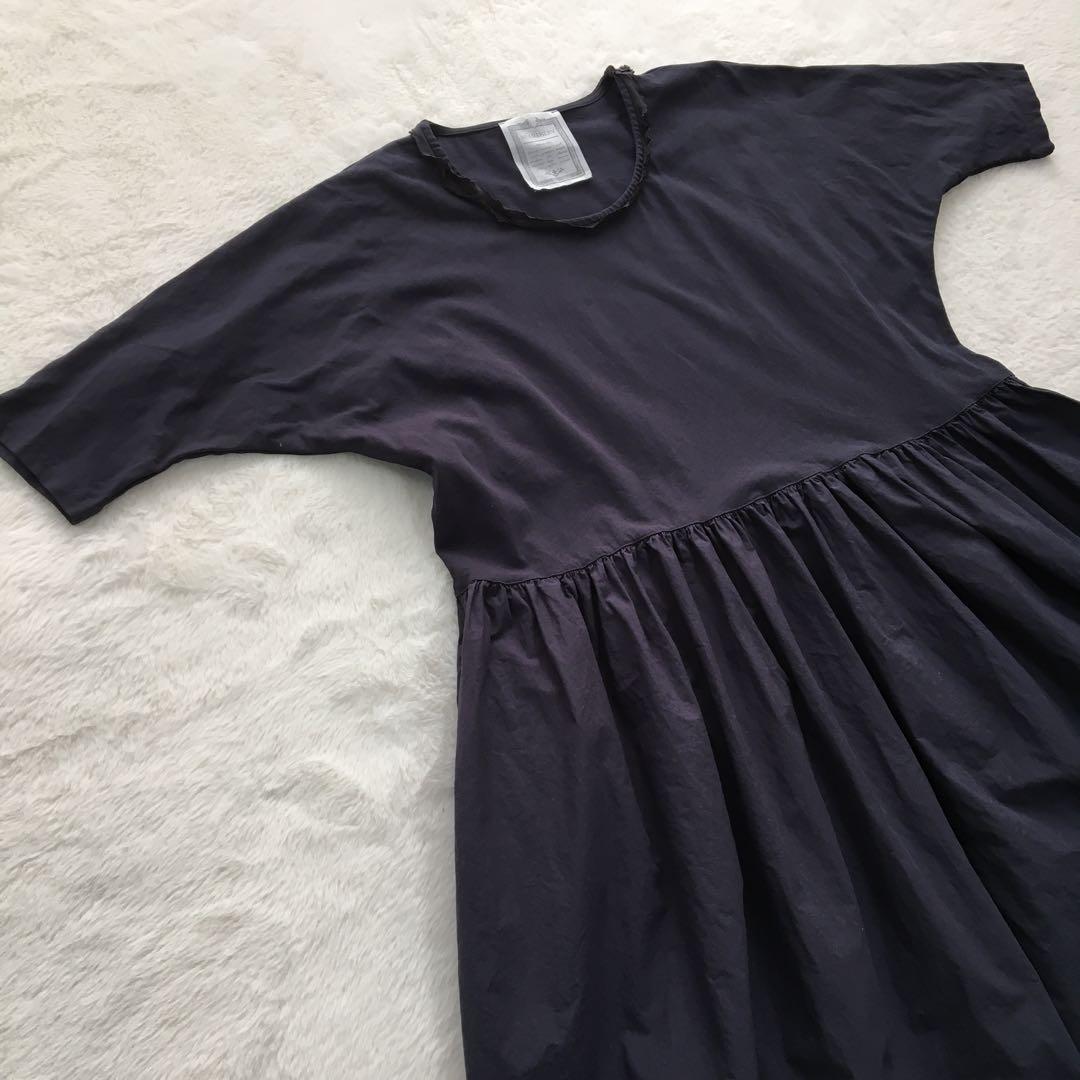 ビアズリー ロングワンピース 異素材 肩落ち ギャザー 上品 Aライン フレア