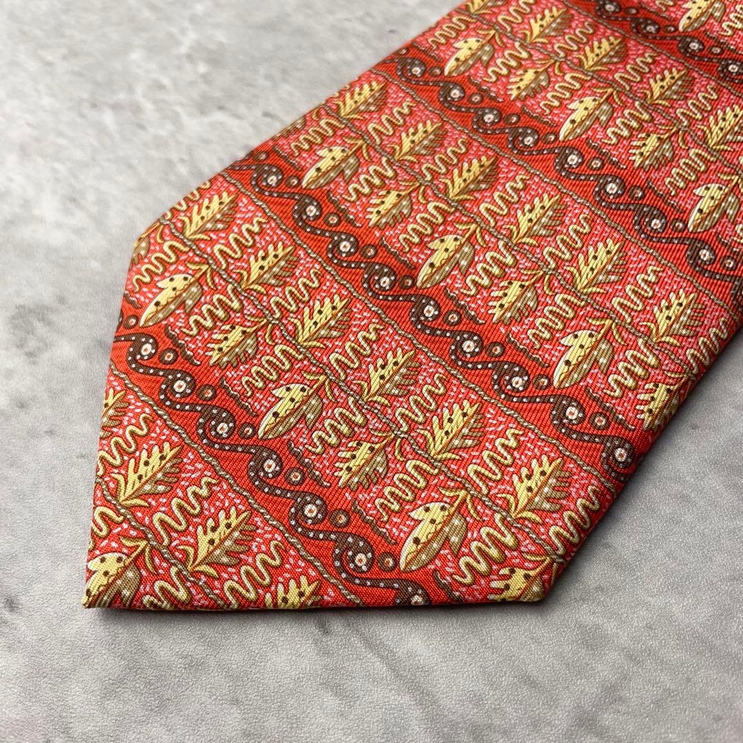 美品 HERMES エルメス ボーダー 葉柄 ヘビ ネクタイ レッド 赤