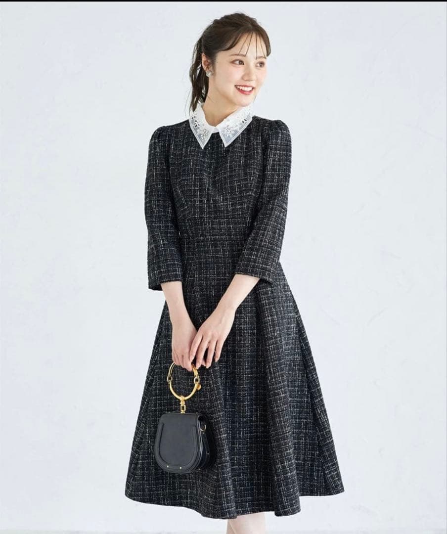 【新品】tocco closetツイード レース襟付バックレースアップワンピース