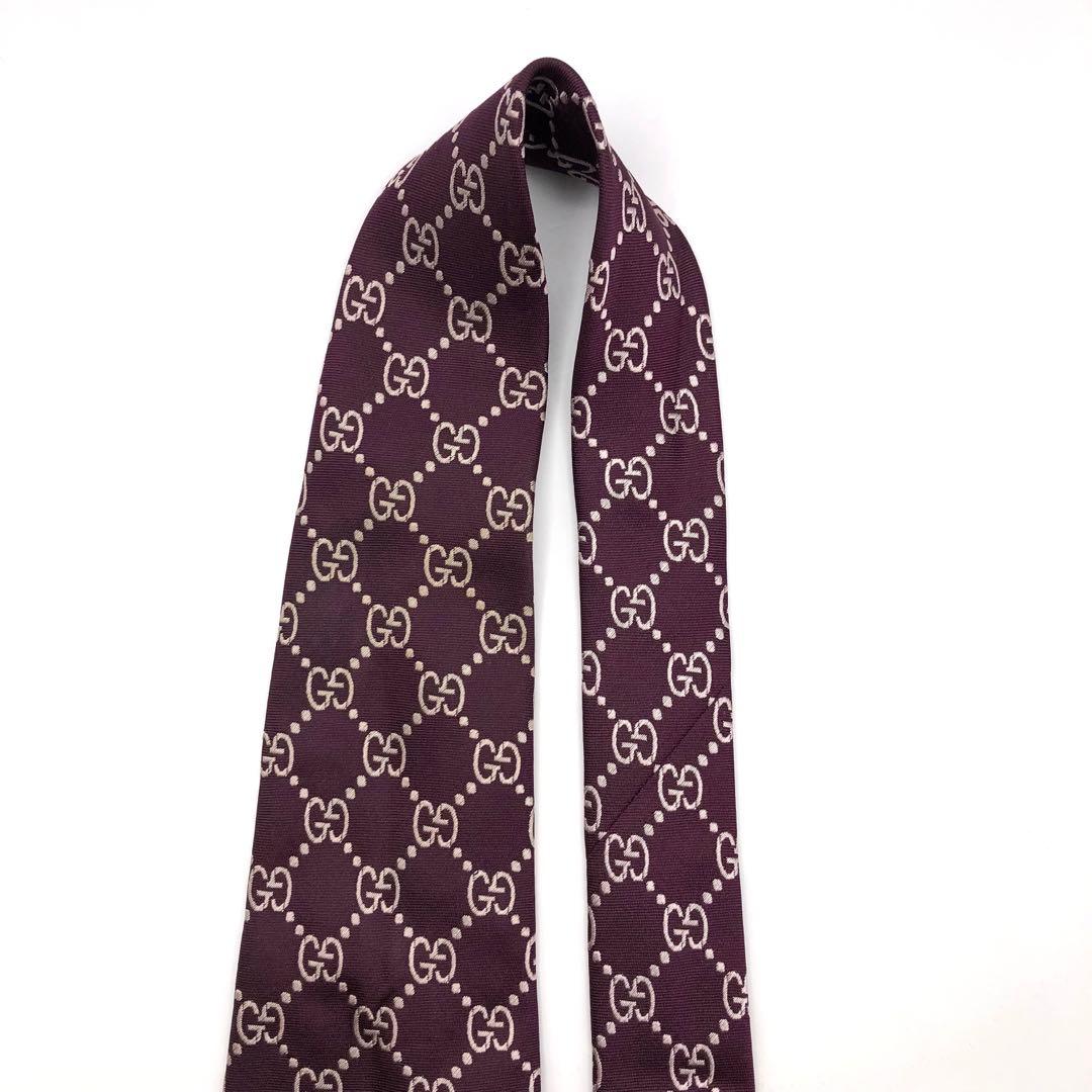 【美品】GUCCI グッチ ネクタイ パープル 紫 ロゴ CGパターン シルク