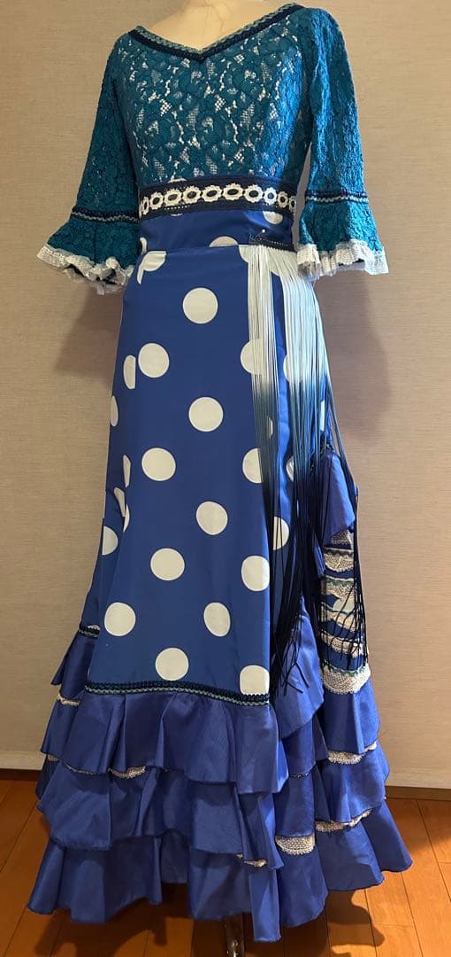 最終値下げ　フラメンコドレス 青と白の水玉中古ハンドメイド