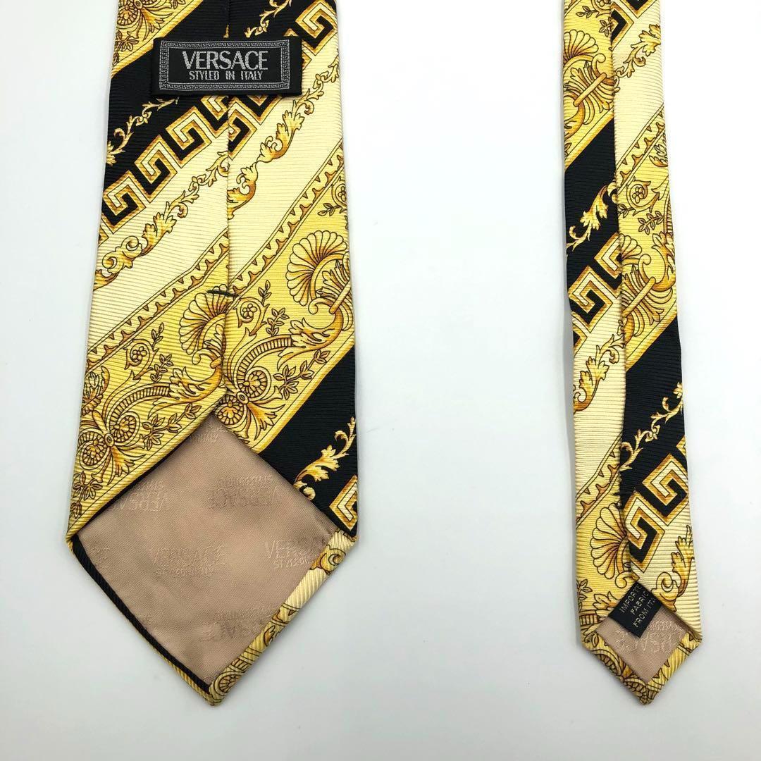 【美品】VERSACE ネクタイ バロック ストライプ 総柄 高級 イエロー