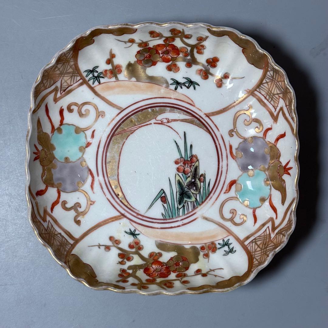 古伊万里　色絵　金蘭手　白鷺文様　梅文様　菊花四角形　膾皿　5個　器を楽しむ
