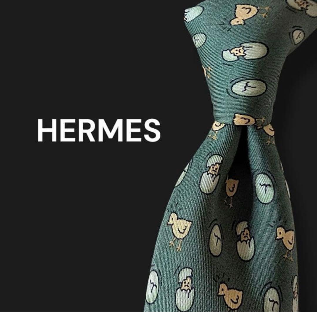 HERMES　エルメス　ネクタイ　ヒヨコ　タマゴ　総柄　グリーン
