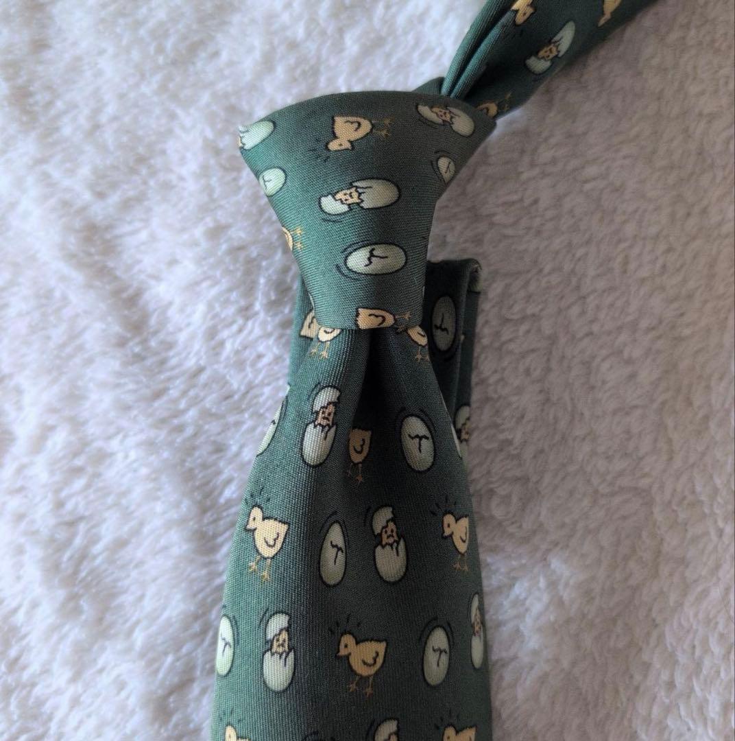 HERMES　エルメス　ネクタイ　ヒヨコ　タマゴ　総柄　グリーン