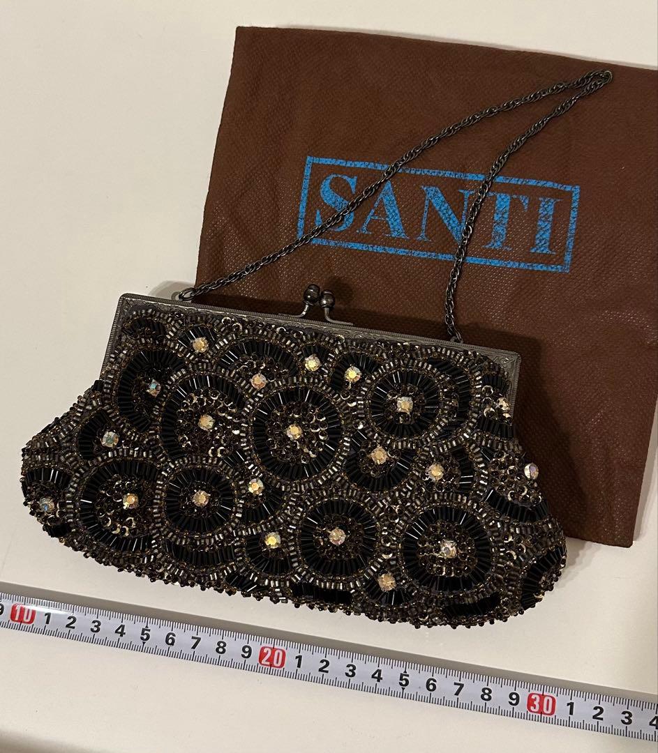 (美品) SANTI ブラックゴールド ビーズクラッチバッグ