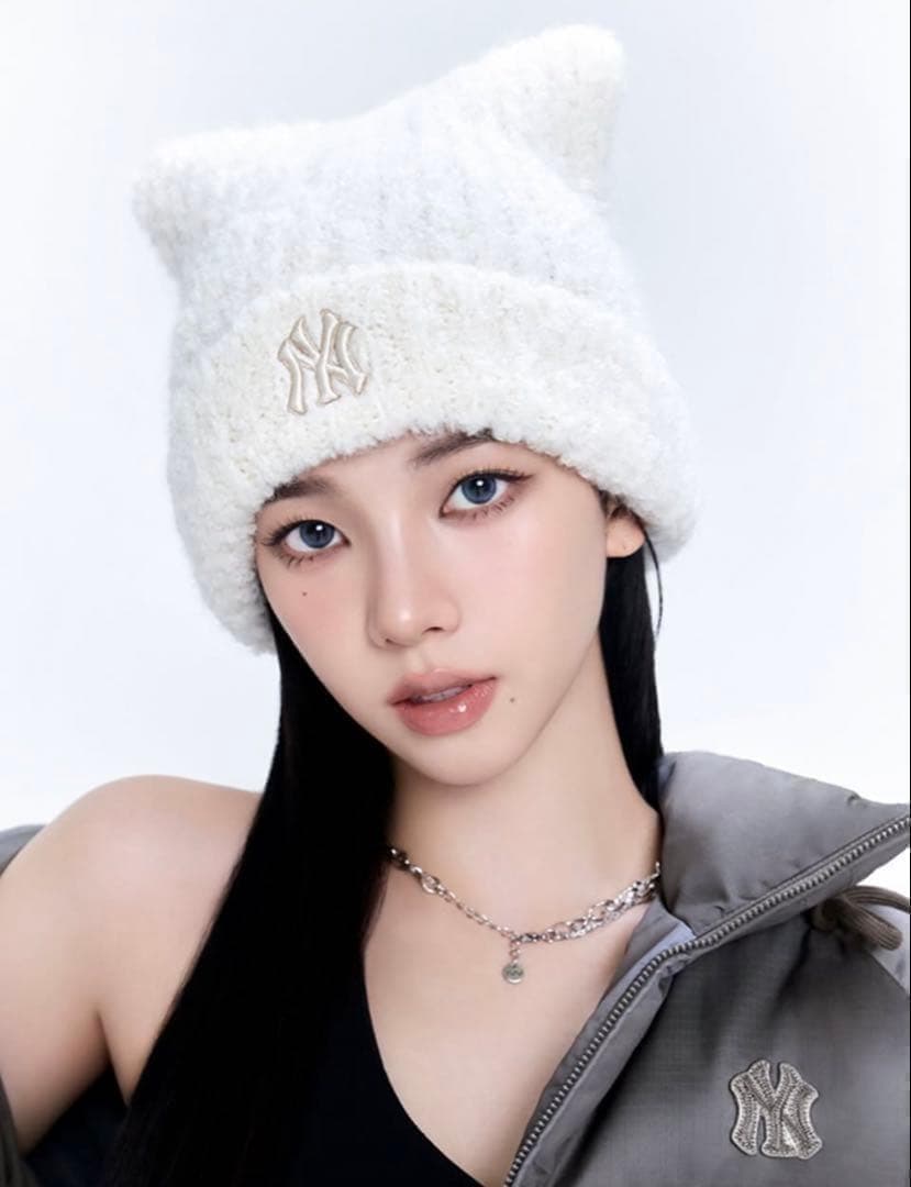 ★aespa KARINA着用★MLB ビーニー　ニット帽　猫耳　韓国　クリーム