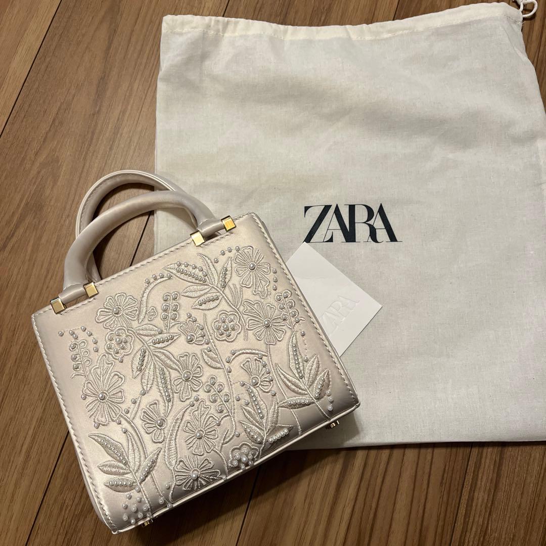【完売品】ZARA サテン風 パール ハンドバッグ 刺繍 ザラ チェーン 白