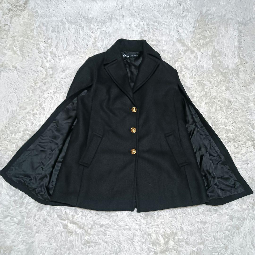 ZARA　ザラ　ケープコート　マンテコ　ポンチョ　金ボタン　ウール　L　黒