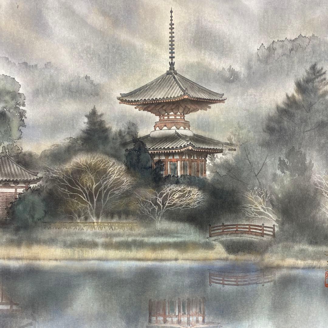 美品 掛け軸 小林希光作 塔風景図 共箱 太巻き付 美術年鑑掲載