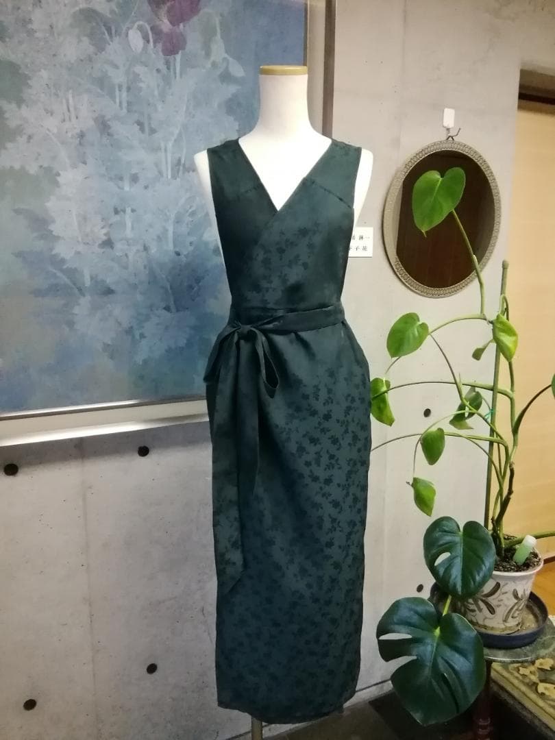 【日本製】S~3L ジャガード織 深緑 茶道お稽古用エプロン127100-70