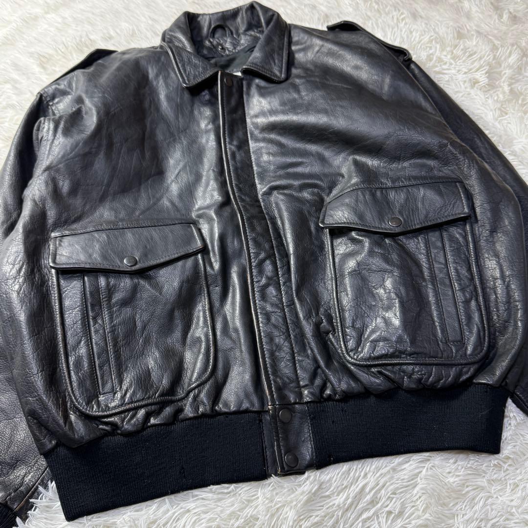 【90s】A-2 ブラックレザー フライトジャケット 牛革 ナッパレザー XL