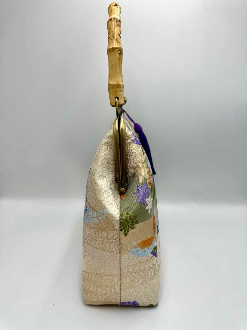 ハンドメイド　西陣織金襴 金糸 ラメ糸ハンド バッグ バンブー 持ち手 #594