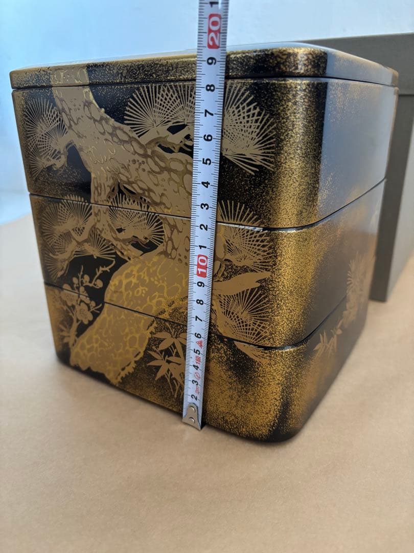 会津塗　重箱 三段重 漆器 黒 内朱　松竹梅