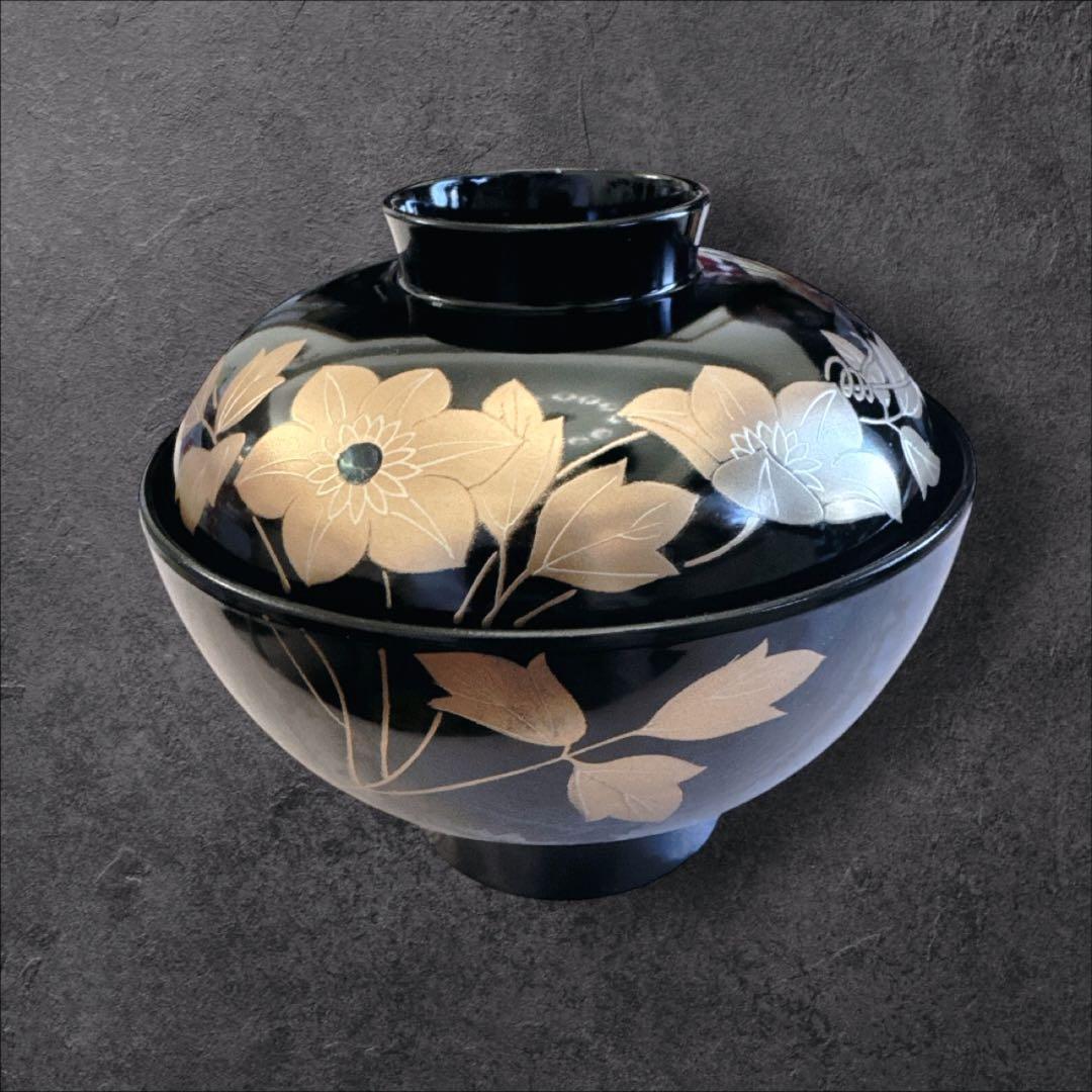 会津塗 本うるし塗り 金彩蒔絵花文様 お吸物椀 雑煮椀 漆器 蓋付き 5客