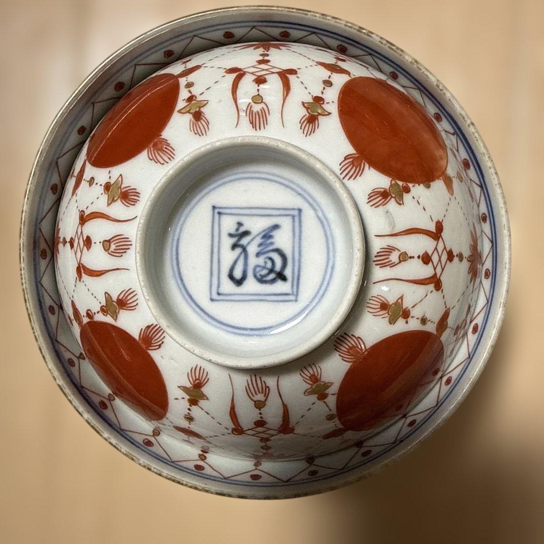 古伊万里 赤玉瓔珞紋 蓋茶碗 一客